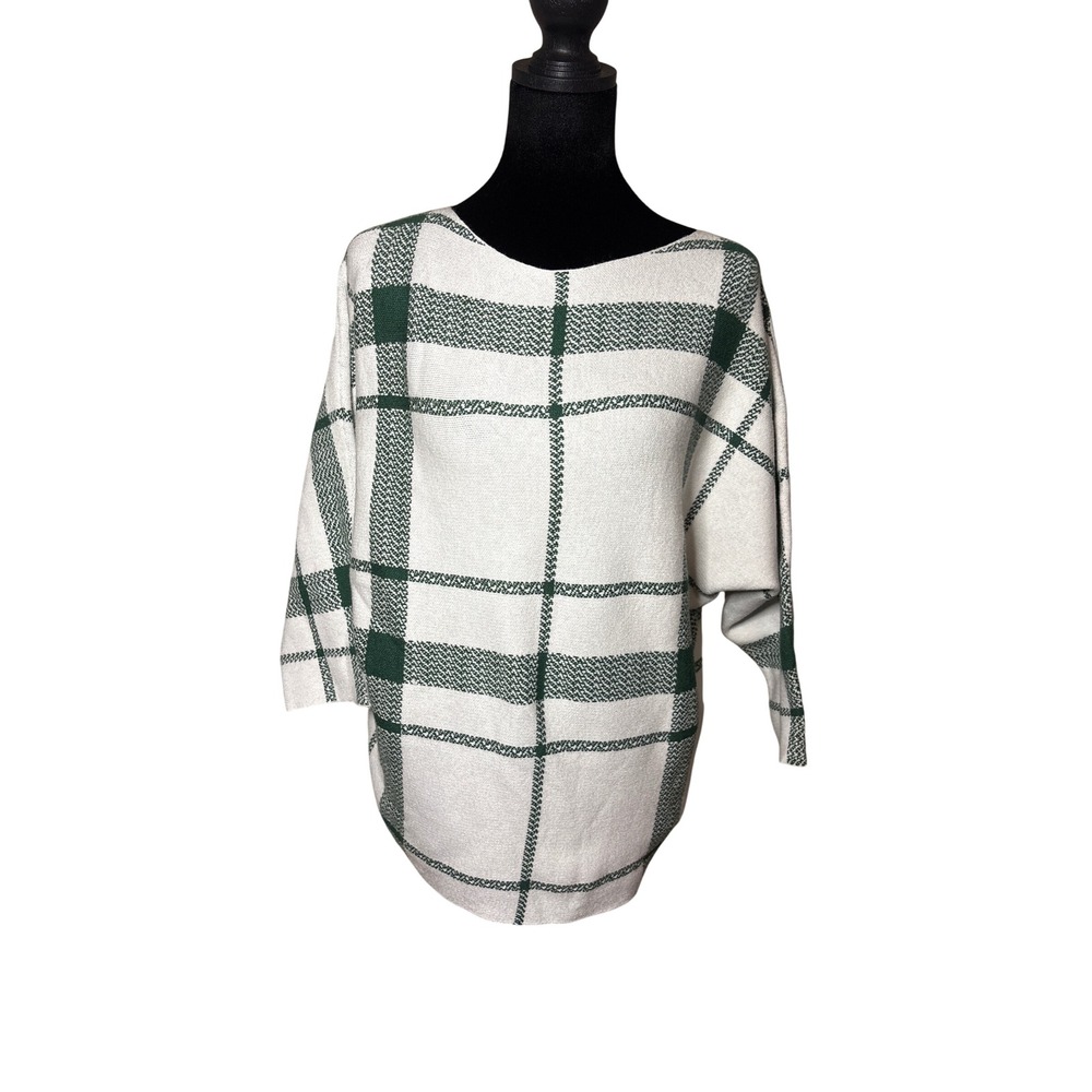 NWT Sioni Women's Plaid Dolman Sleeve Sweater Green White Boat Neck Medium